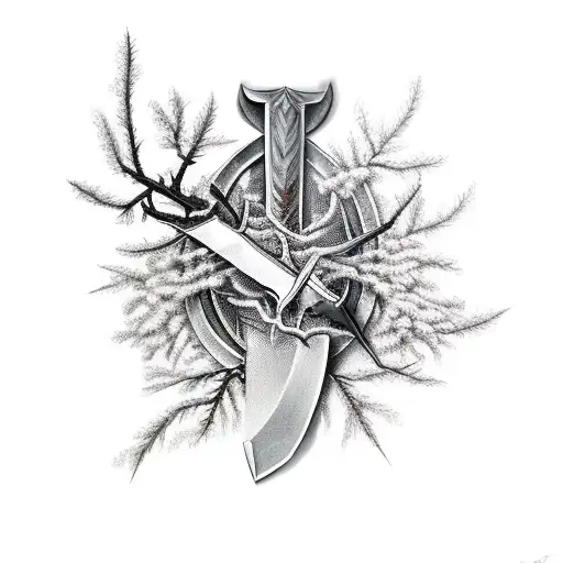 Broken double edge sword with olives branches wrapping around it holding it together  tattoo design idea