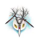 Broken double edge sword with olives branches wrapping around it holding it together  tattoo design idea