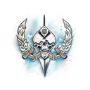 Broken double edge sword with olives wreathes wrapping around it holding it together  tattoo design idea