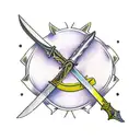 Broken double edge sword with olives wreathes wrapping around it holding it together  tattoo design idea