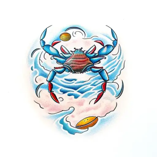 A traditional-style tattoo of a crab surrounded by ocean elements tattoo design idea