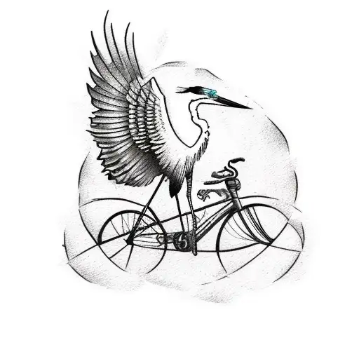 A sketch-style tattoo of a majestic heron perched on a vintage bicycle, with handcrafted tools and materials scattered a tattoo design idea