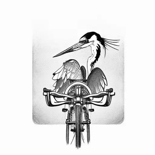 A sketch-style tattoo of a majestic heron perched on a vintage bicycle, with handcrafted tools and materials scattered a tattoo design idea