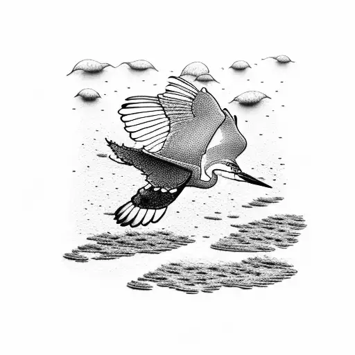 A dotwork tattoo of a beautiful heron flying over a serene beach landscape, with delicate handcrafted architectural elements incorporated into the scene. tattoo design idea