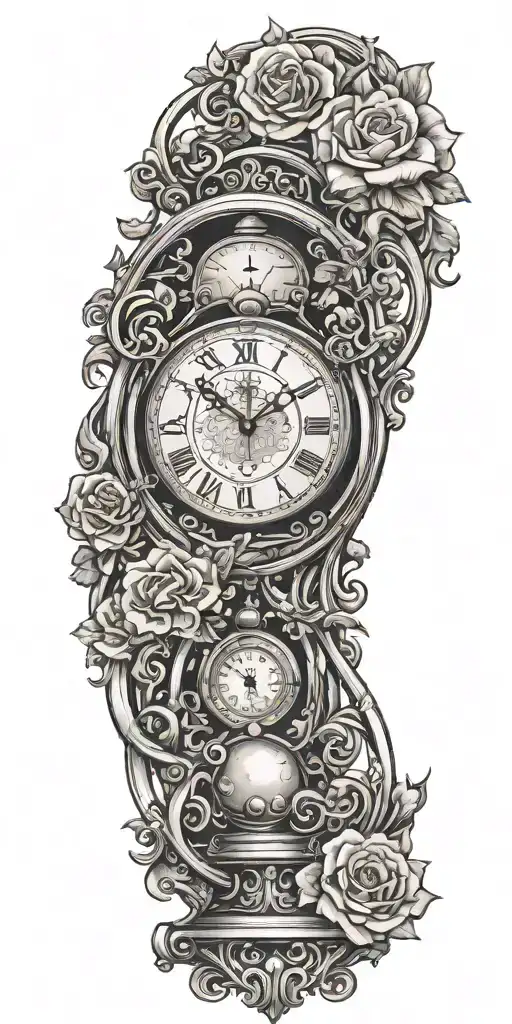 	Time Symbol (Centerpiece): A detailed clock or hourglass, with hands near 12, to represent the preciousness of time. Th tattoo design idea
