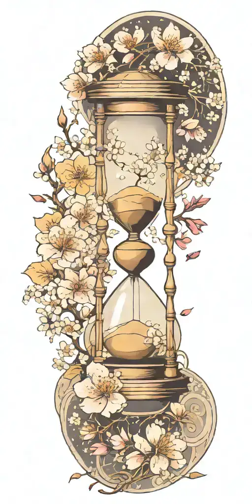 hourglass surrounded by Japanese cherry blossoms, with astrology universe background visually connected  tattoo design idea