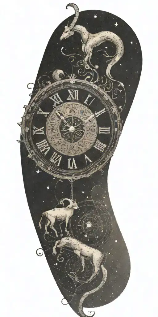 Subtly include the Aries zodiac sign, perhaps as part of the clock's design or as a constellation in the background tattoo design idea