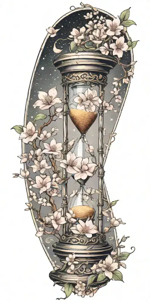 hourglass surrounded by Japanese cherry blossoms, with astrology universe background visually connected  tattoo design idea