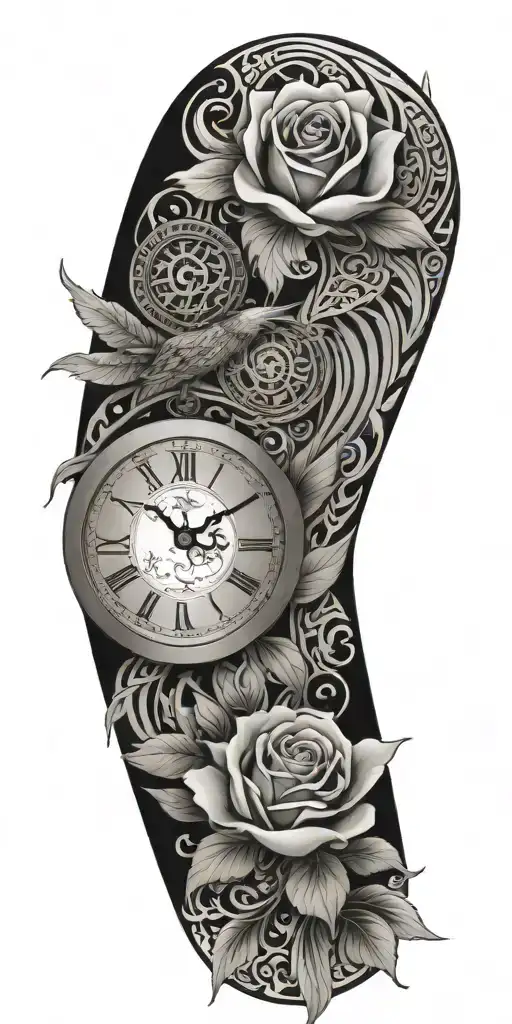Japanese style, roses, time clock, phoenix rising, Polynesian tribal pattern for strength, high contrast  tattoo design idea