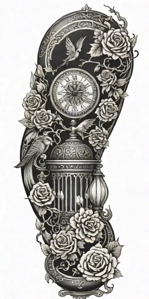 Japanese cherry blossom, roses, hourglass, phoenix, Aries, owl, elephant, motherhood. high comtrast seamless blend toget tattoo design idea