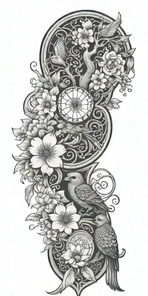 Japanese cherry blossom,  hourglass, phoenix, Aries, owl, elephant, motherhood. high comtrast seamless blend toget tattoo design idea