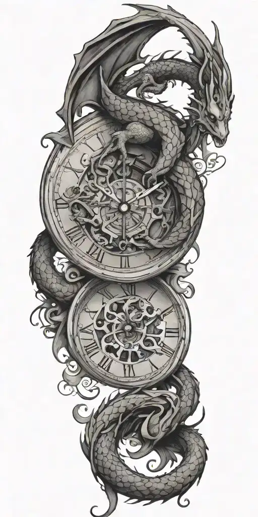 A dragon wrapped around a clock, symbolizing the value of time and its importance in psychology tattoo design idea