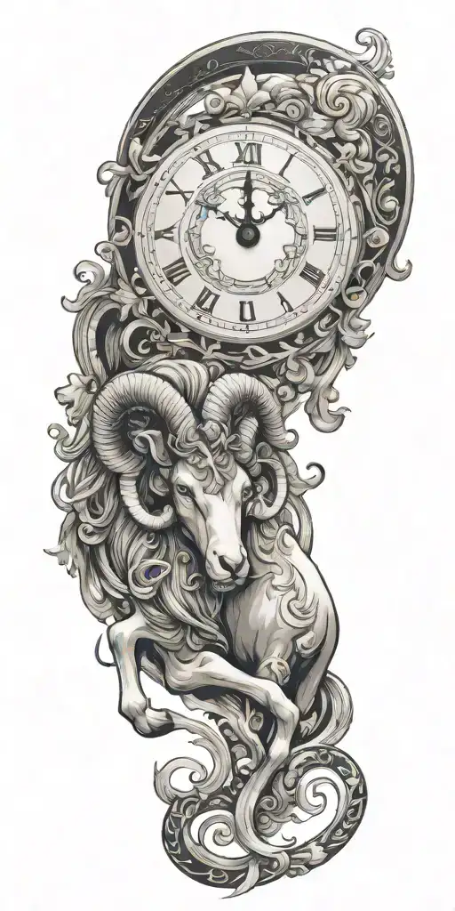 Subtly include the Aries zodiac sign, perhaps as part of the clock's design or as a constellation in the background tattoo design idea