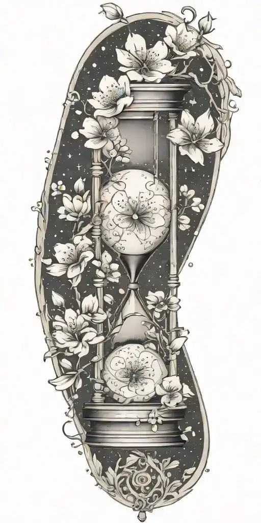 hourglass surrounded by Japanese cherry blossoms, with astrology universe background visually connected  tattoo design idea