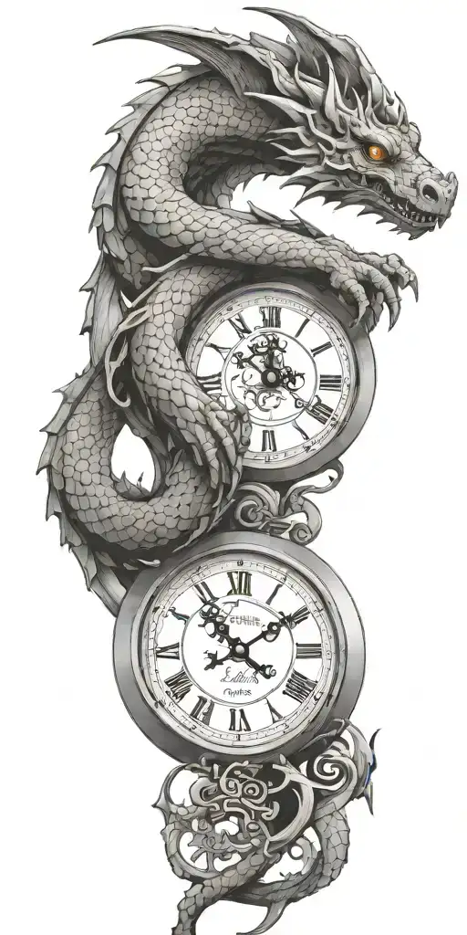 A dragon wrapped around a clock, symbolizing the value of time and its importance in psychology tattoo design idea