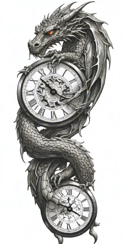 A dragon wrapped around a clock, symbolizing the value of time and its importance in psychology tattoo design idea