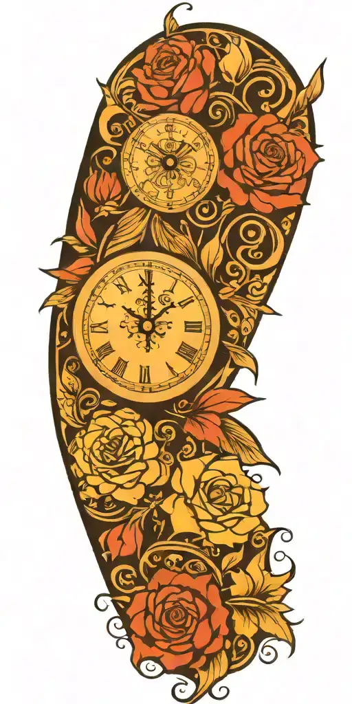 Japanese style, roses, time clock, phoenix rising, Polynesian tribal pattern for strength, high contrast  tattoo design idea