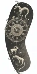 Subtly include the Aries zodiac sign, perhaps as part of the clock's design or as a constellation in the background tattoo design idea