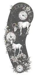 Subtly include the Aries zodiac sign, perhaps as part of the clock's design or as a constellation in the background tattoo design idea