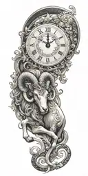 Subtly include the Aries zodiac sign, perhaps as part of the clock's design or as a constellation in the background tattoo design idea