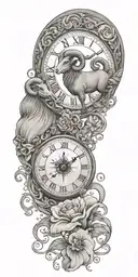 Subtly include the Aries zodiac sign, perhaps as part of the clock's design or as a constellation in the background tattoo design idea