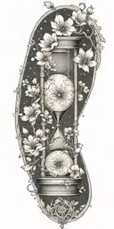 hourglass surrounded by Japanese cherry blossoms, with astrology universe background visually connected  tattoo design idea