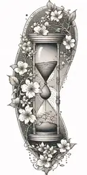 hourglass surrounded by Japanese cherry blossoms, with astrology universe background visually connected  tattoo design idea