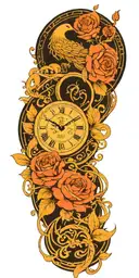 Japanese style, roses, time clock, phoenix rising, Polynesian tribal pattern for strength, high contrast  tattoo design idea