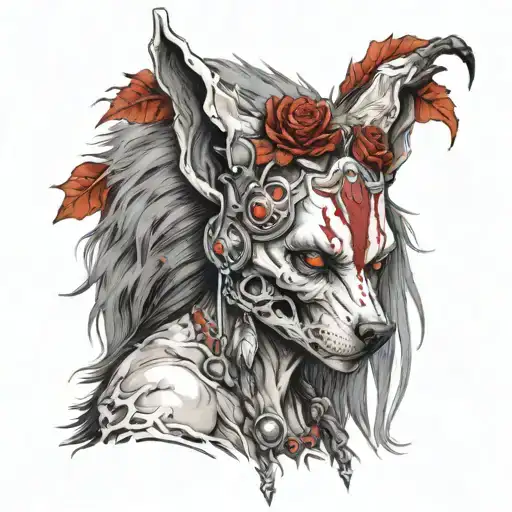 Half leg sleeve, druid zombie priestess in wolf headress, rotting flesh back and white with electric red highlights tattoo design idea