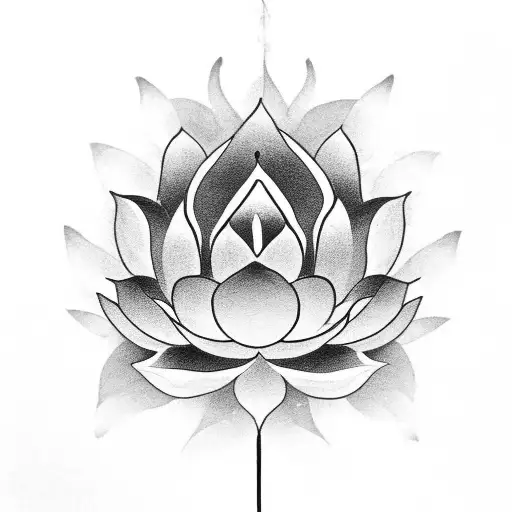 A lotus flower blooming under a full moon, with Sanskrit script flowing around it in a black-grey style tattoo design idea