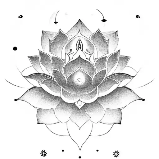 A lotus flower blooming under a full moon, with Sanskrit script flowing around it in a black-grey style tattoo design idea