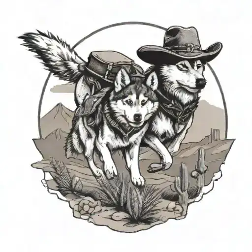 A husky and a wolf running together through a Wild West landscape, with a cowboy hat hanging on a cactus tattoo design idea