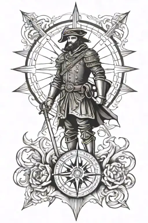 a conquistador with compass rose and anchor surrounding tattoo design idea