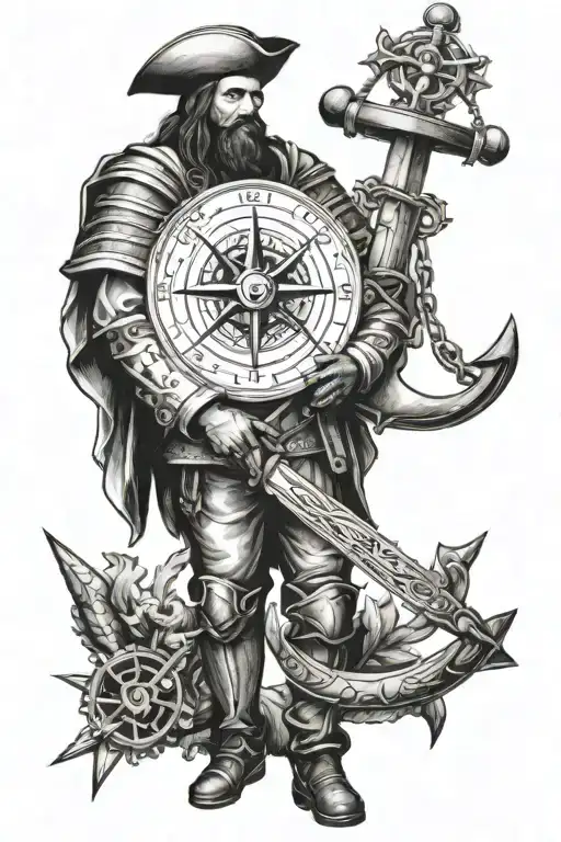 a conquistador espanol with a compass rose and anchor around him  tattoo design idea