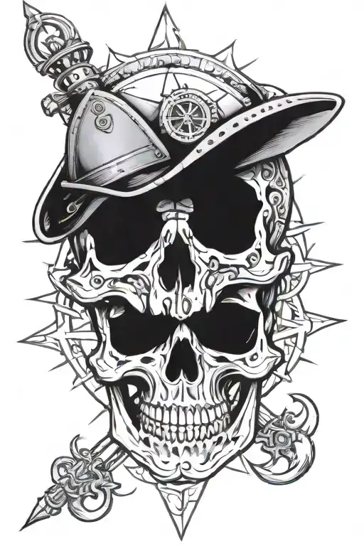 a skull conquistador with a compass rose and anchor around him  tattoo design idea