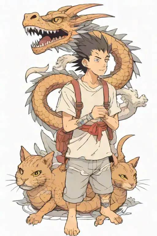 dragon Haku from Spirited Away with 3 cats on top of him tattoo design idea