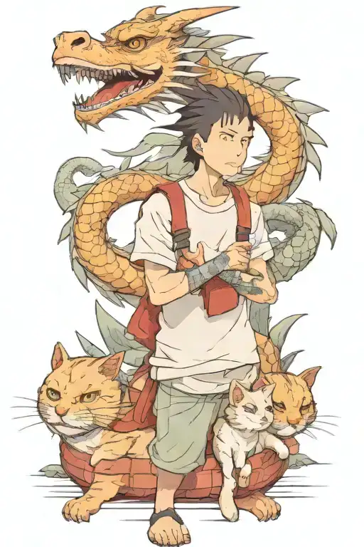 dragon Haku from Spirited Away with 3 cats on top of him tattoo design idea