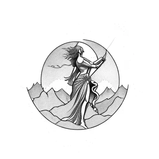 A blackwork tattoo featuring a silhouette of Aphrodite standing on a mountain peak tattoo design idea