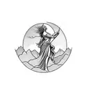 A blackwork tattoo featuring a silhouette of Aphrodite standing on a mountain peak tattoo design idea