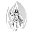 A blackwork tattoo featuring a silhouette of Aphrodite standing on a mountain peak tattoo design idea