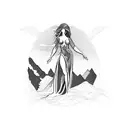 A blackwork tattoo featuring a silhouette of Aphrodite standing on a mountain peak tattoo design idea