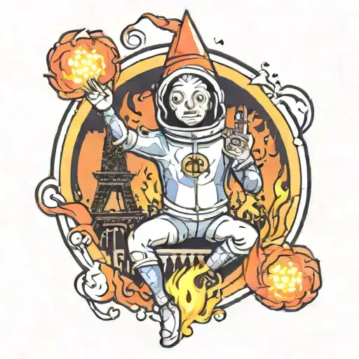  a color tattoo depicting my friend from a photo in a Teletubby costume against the backdrop of a flaming Eiffel Tower,  tattoo design idea