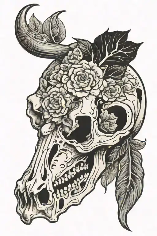 western floral buffalo skull  tattoo design idea
