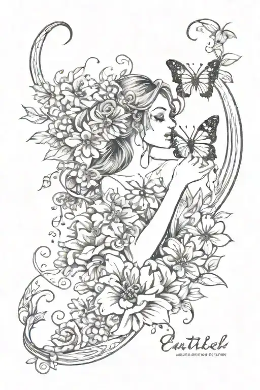 a girl who loves butterflies, with a half moon and flowers a very feminine tattoo with it written eternal soul in cursiv tattoo design idea