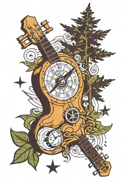 Guitar, Compass, and tree line  tattoo design idea