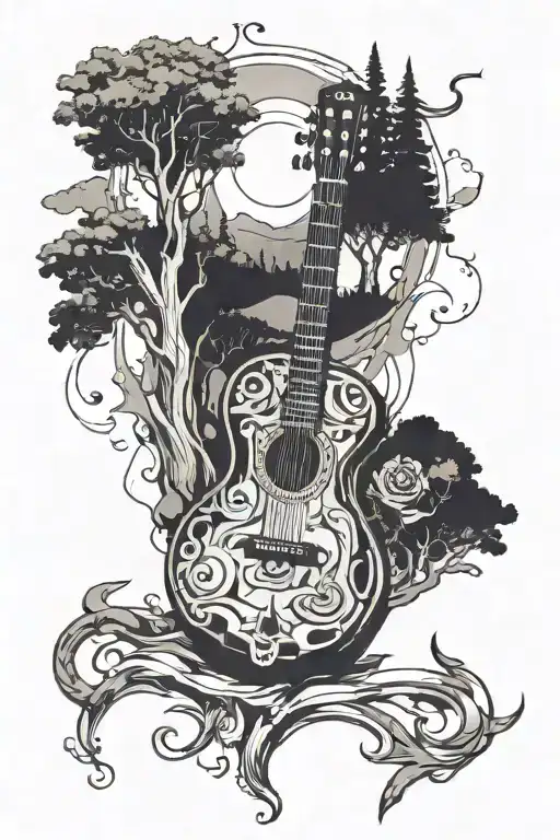 Guitar, Compass, and tree line tattoo tattoo design idea