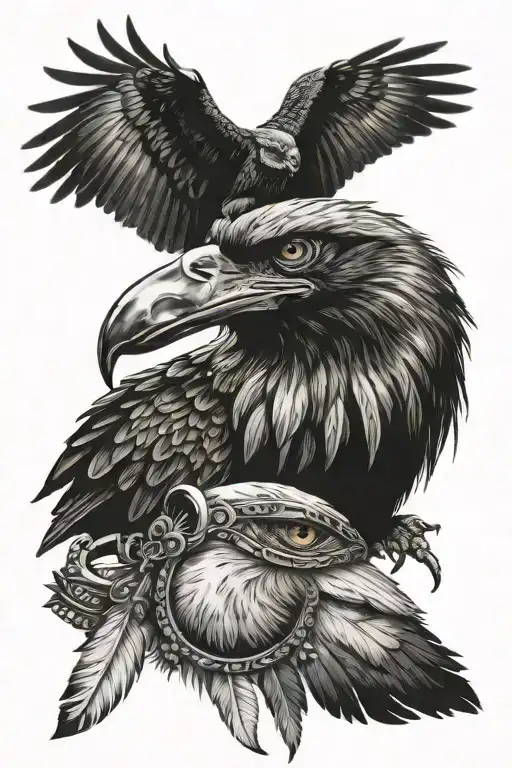 native arm band with a raven and eagle feather with a wolf brooche tattoo design idea