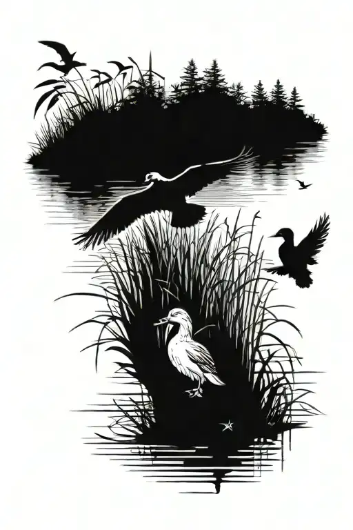 Duck flying over a pond with cattails and a silhouette of a man and dog tattoo design idea