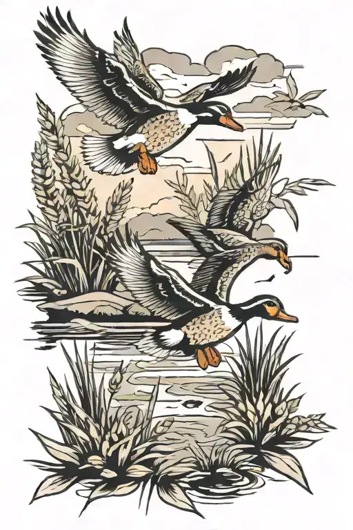 ducks flying over pond with cattails tattoo design idea