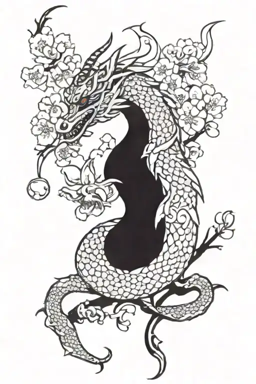 dragon with hearts retro girly Japanese cherry blossom tattoo design idea